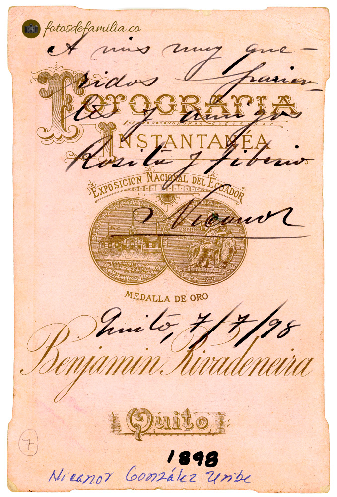 MEG_SOBRE_007_B / Reverso tarjeta de visita Nicanor González Uribe (papá) / 1898 / Quito, Ecuador / Papel mate / 16*11 / BYN